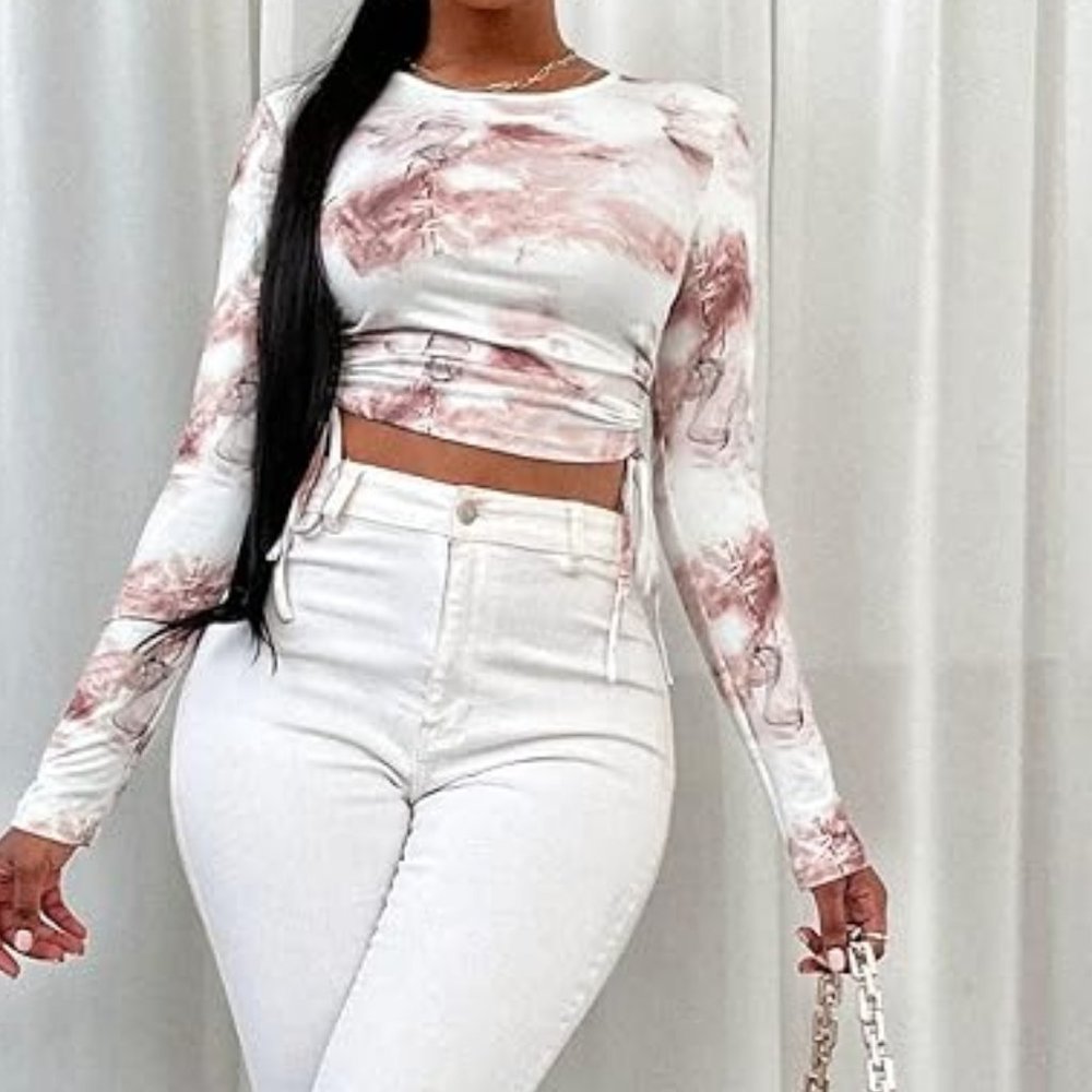 Marble Print Crop Tee Drawstring Knot Side Top - image 2